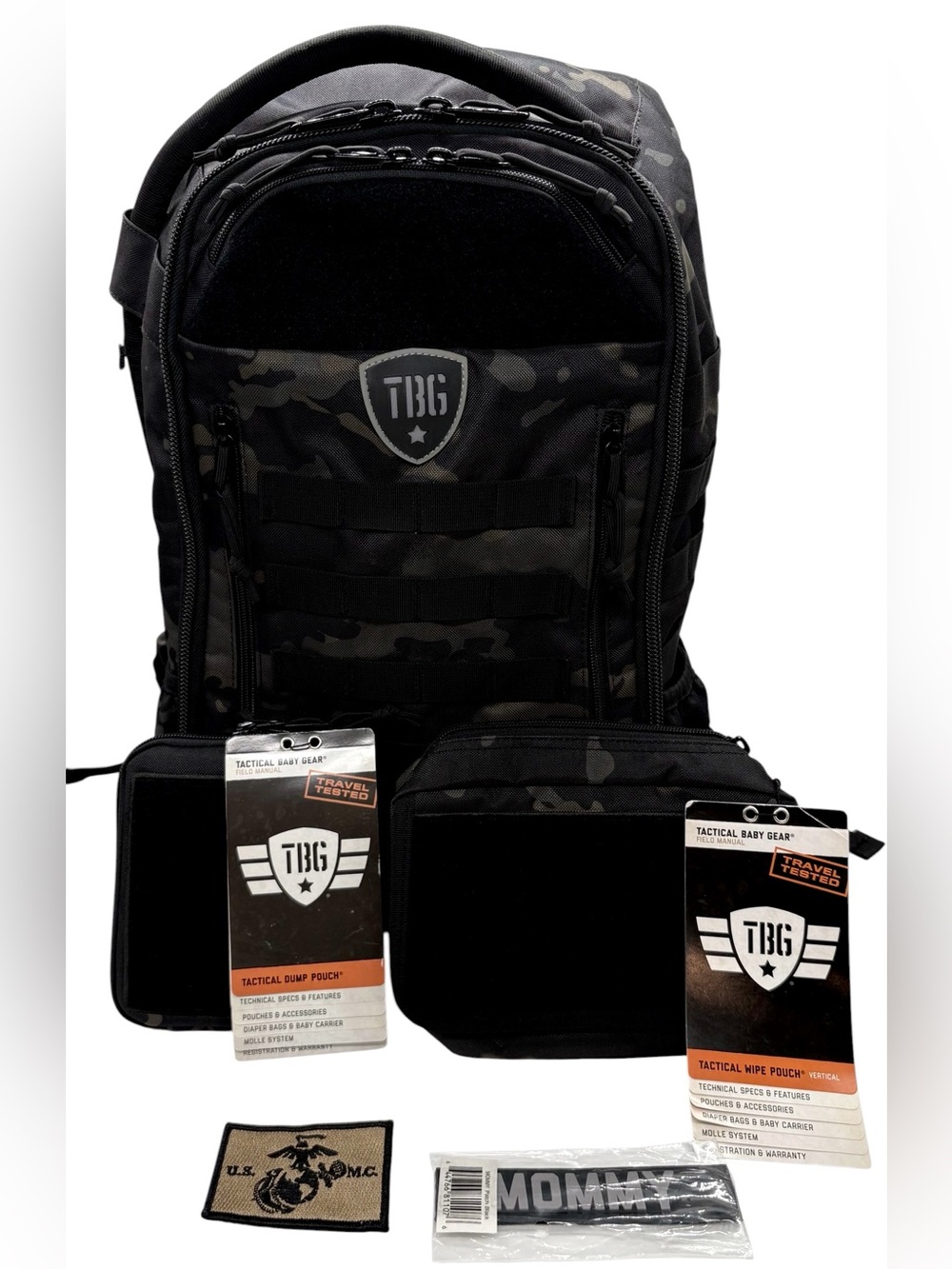 Tactical Baby Gear Backpack Daypack Diaper Bag TBG  & Accessories-Black Camo-NEW